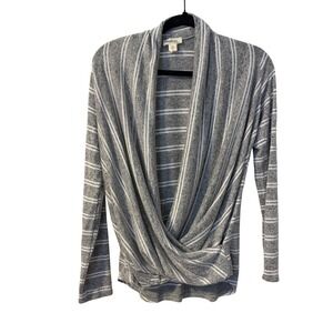 Monteau‎ LA Gray White Striped Draped Twist Front Long Sleeve Top Women's L